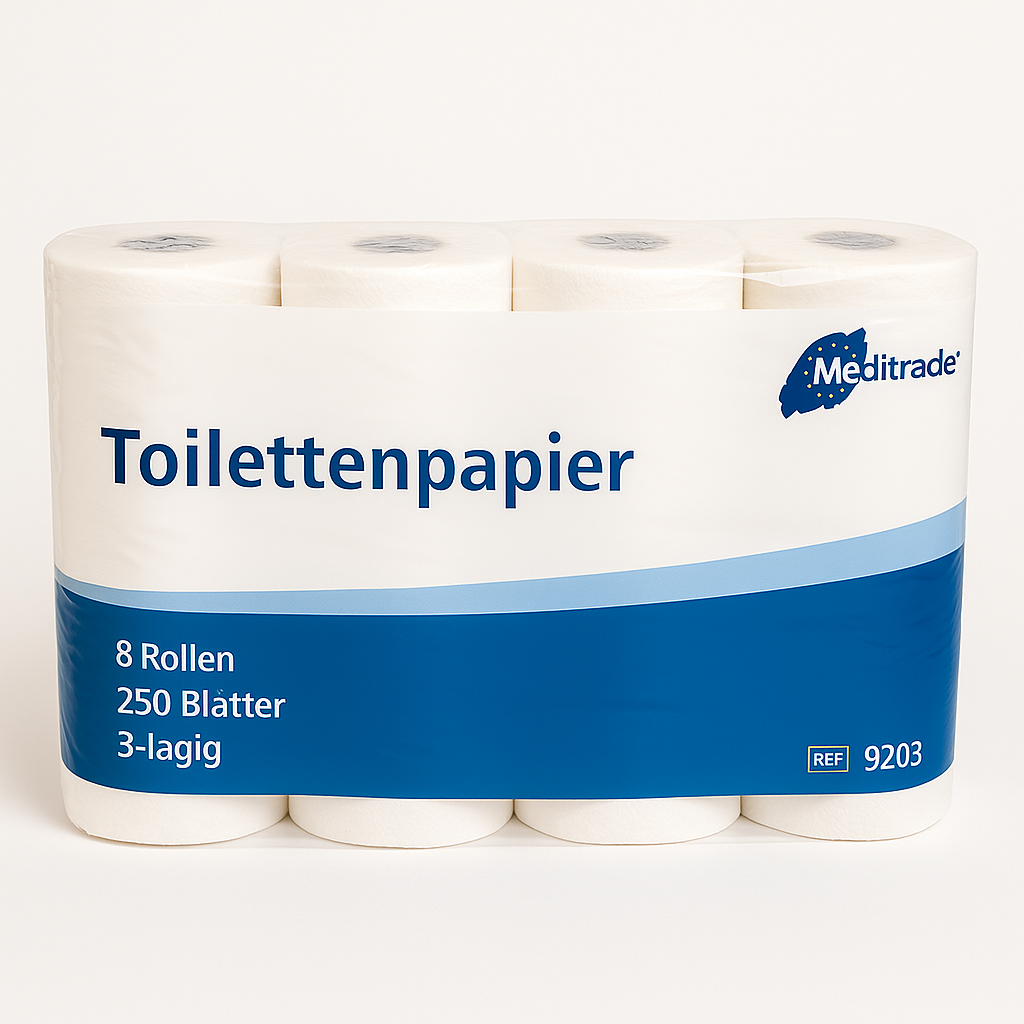 Meditrade Toilettenpapier 3-lagig, 8 Rollen à 250 Blatt – weich, saugstark & hautfreundlich